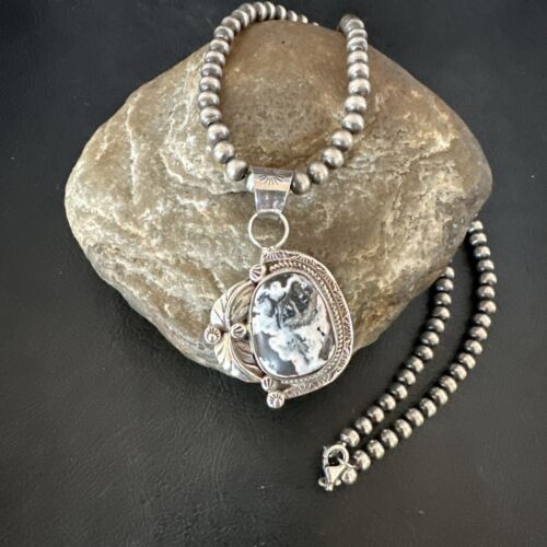 Men's White Buffalo Turquoise Pendant Necklace | Navajo Pearls | Sterling Silver | Native American Handmade | 17331