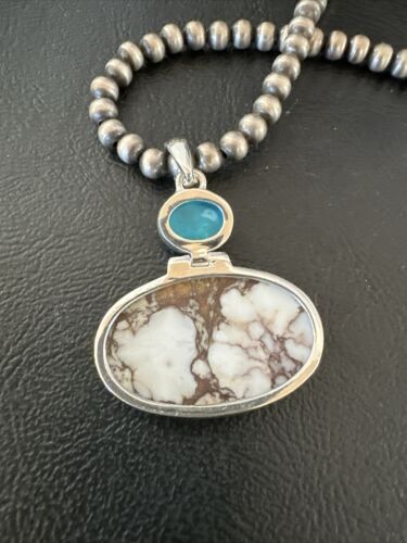 Navajo Wild Horse | Blue Kingman Turquoise Necklace | Sterling Silver | Authentic Native American Handmade | 17309