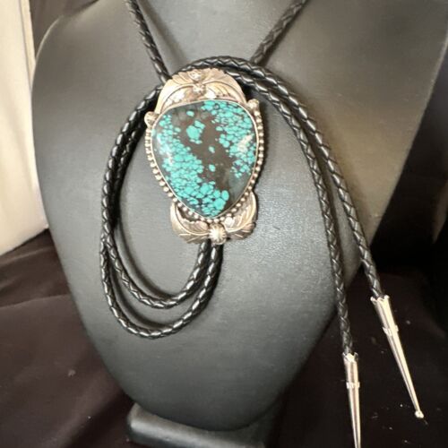 Men's Blue Spiderweb Turquoise Bolo Tie | Navajo Sterling Silver | Authentic Native American Handmade | 15012