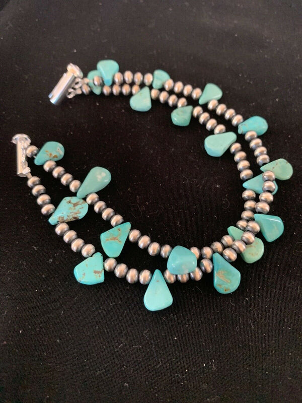 Native American Navajo Pearls Bracelet | Sterling Silver Blue Turquoise | 3173