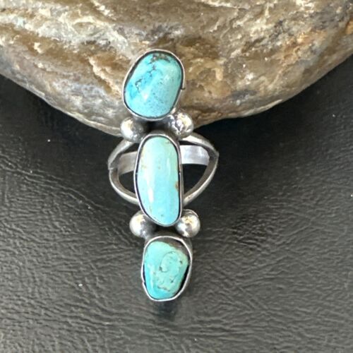 Navajo Blue Turquoise Cluster Ring | Authentic Native American Sterling Silver | Multi-Stone | Sz 7 | 17841
