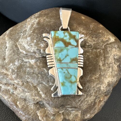 Navajo Blue #8 Turquoise Inlay Pendant | Sterling Silver | 2" | Authentic Native American Handmade | 15683