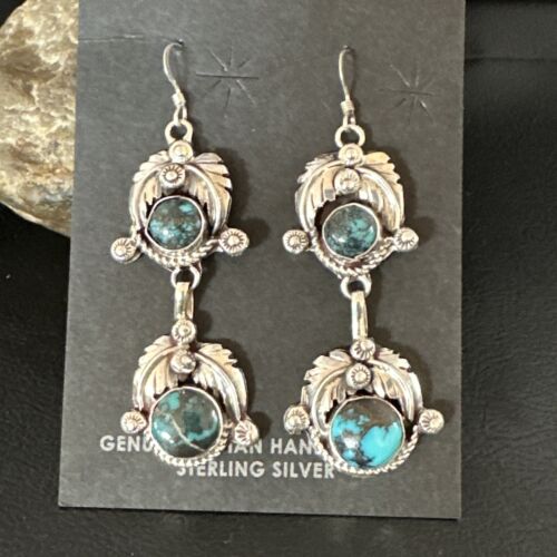 Navajo Blue Spiderweb Turquoise Dangle Earrings | Sterling Silver | Authentic Native American Handmade | 16012