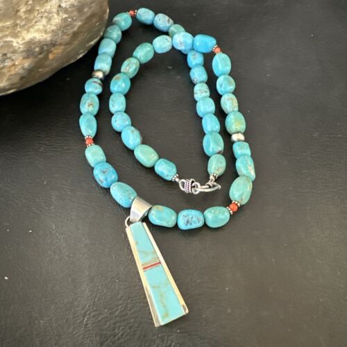 Navajo Blue Turquoise Inlay Pendant Necklace | Sterling Silver | 19" | Authentic Native American Handmade | 17491