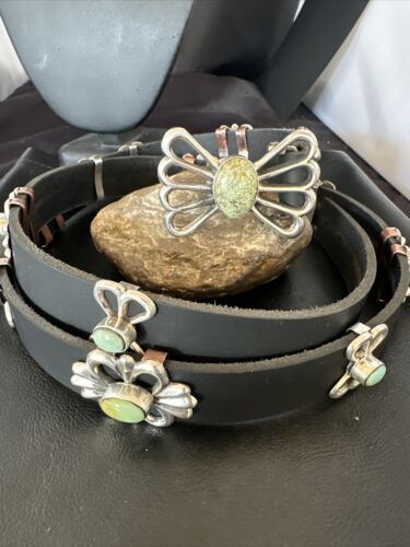 Men's Green Royston Turquoise Concho Belt | Sterling Silver Navajo Tufa | Authentic Native American Handmade | 16789