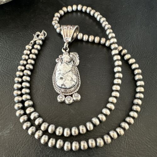 Navajo White Buffalo Turquoise Pendant Necklace | Sterling Silver | Authentic Native American Handmade | 17514