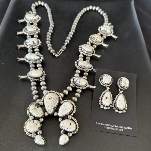 Navajo White Buffalo Turquoise Pendant Earrings | Sterling Silver Squash Blossom Necklace | 17443