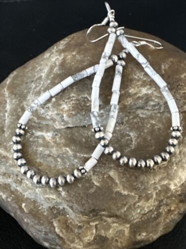Navajo White Howlite Heishi Dangle Earrings | Sterling Silver | 2" | Authentic Native American Handmade | 15348