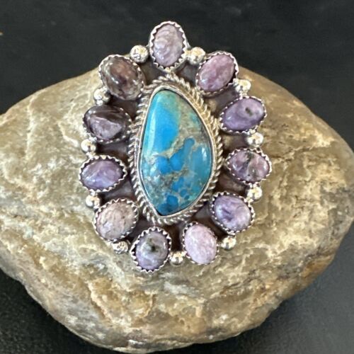 Navajo Cluster Blue Kingman Turquoise Charoite Ring | Authentic Native American Sterling Silver | Multi-Stone | Sz 9 | 17179