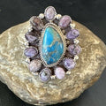 Navajo Cluster Blue Kingman Turquoise Charoite Ring | Authentic Native American Sterling Silver | Multi-Stone | Sz 9 | 17179