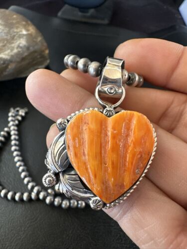 Navajo Orange Spiny Oyster Heart Pendant Necklace | Sterling Silver | Authentic Native American Handmade | 16413