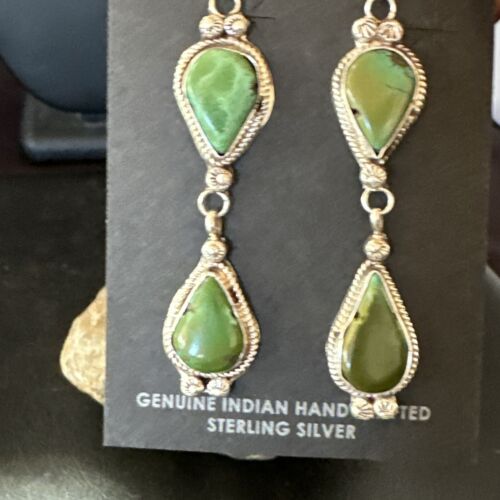 Navajo Green Royston Turquoise Dangle Earrings | Sterling Silver | Authentic Native American Handmade | 17142