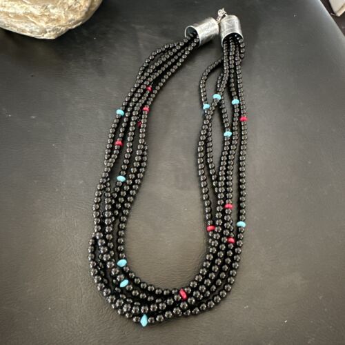 Navajo Black Onyx Turquoise Bead Necklace | Sterling Silver | 18" | Authentic Native American Handmade | 16821