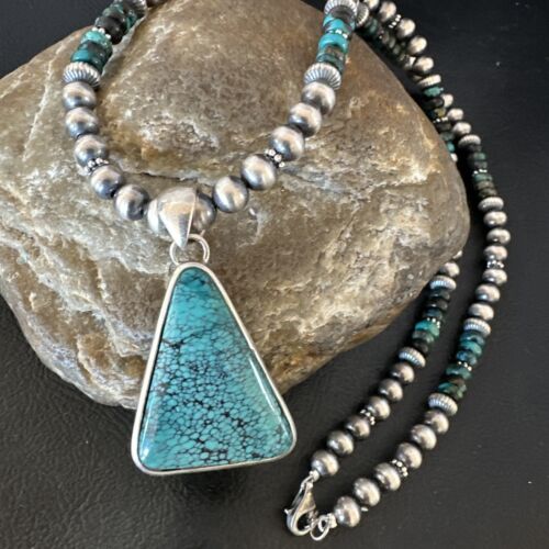Men's Navajo Blue Spiderweb Turquoise Pendant Necklace | Sterling Silver | Authentic Native American Handmade | 16242
