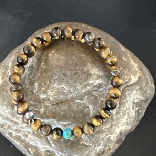 Navajo Blue Turquoise Coffee Tiger's Eye Bracelet | Stainless Steel Memory Wire | Authentic Native American Handmade | 17627