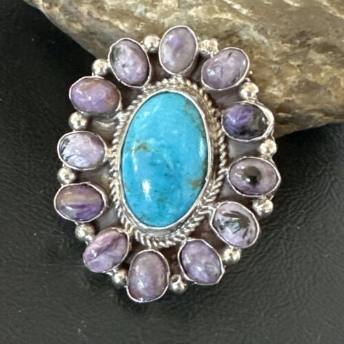 Navajo Kingman Turquoise Charoite Ring | Authentic Native American Sterling Silver | Multi-Stone | Sz 10.5 | 17180