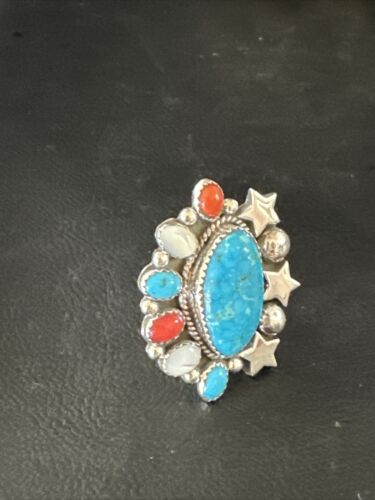 Navajo Coral Mother of Pearl Turquoise Multi-Stone Adjustable Ring | Authentic Native American Sterling Silver | Multi-Stone | 15331
