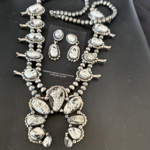Navajo White Buffalo Turquoise Pendant | Sterling Silver Naja Squash Blossom Necklace | 17442