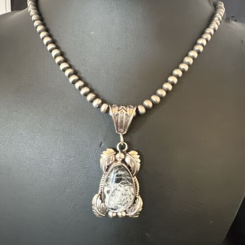 Navajo White Buffalo Turquoise Pendant Necklace | Sterling Silver | Authentic Native American Handmade | 17521