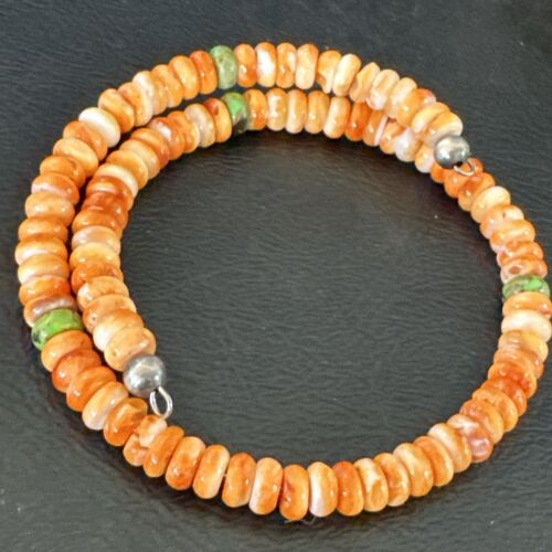 Navajo Orange Spiny Oyster & Green Turquoise Bracelet | 6mm Memory Wire | Authentic Native American Handmade | 17622