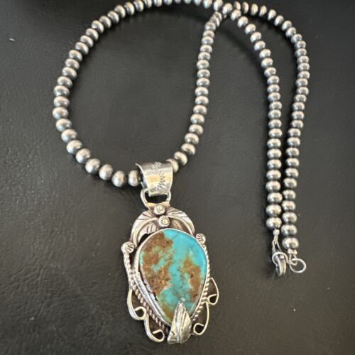 Navajo Blue Turquoise Pendant Necklace | Sterling Silver Pearls | Authentic Native American Handmade | 15652