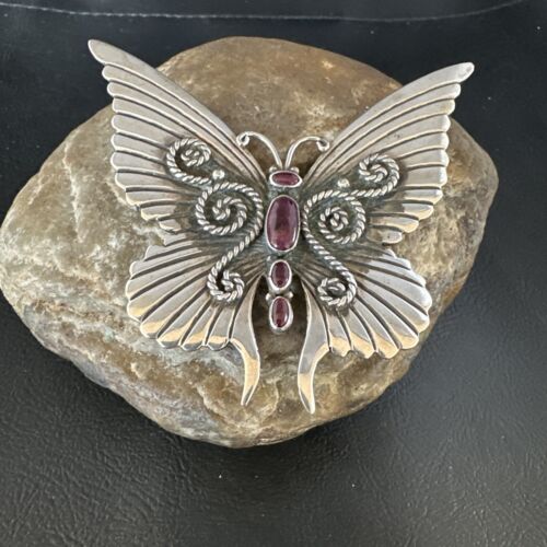 Navajo Butterfly Purple Spiny Oyster Pin Pendant | Sterling Silver | Authentic Native American Handmade | 15233