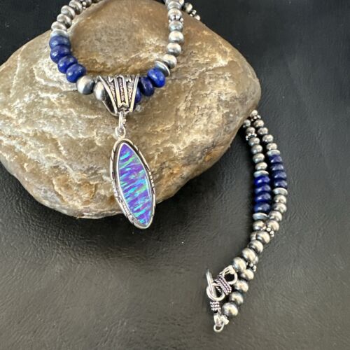 Navajo Lapis Purple Opal Pendant Necklace | Sterling Silver | 20" | Authentic Native American Handmade | 17551