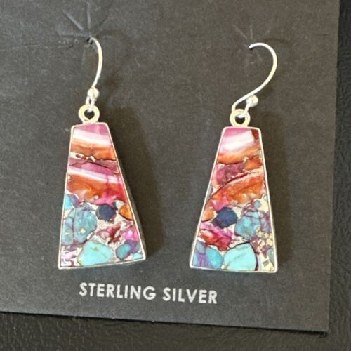 Navajo Blue Turquoise Red Spiny Oyster Inlay Dangle Earrings | Sterling Silver | Authentic Native American Handmade | 15577