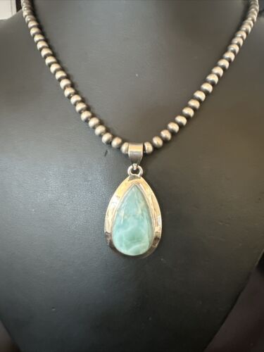 Navajo Blue Larimar Pendant Necklace | Sterling Silver Beads | Authentic Native American Handmade | 17568