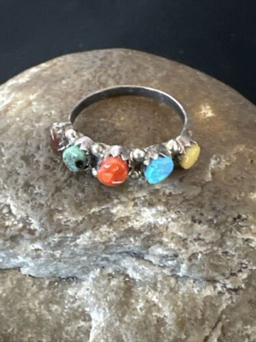 Zuni Multi-Stone Opal, Coral, Turquoise Ring | Authentic Native American Sterling Silver | Multi-Stone | Sz 6 | 16897