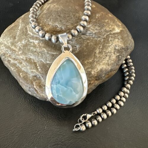 Navajo Blue Larimar Pendant Necklace | Sterling Silver Beads | Authentic Native American Handmade | 17630