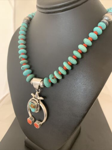 Navajo Blue Turquoise Coral Naja Pendant Necklace | Sterling Silver | Authentic Native American Handmade | 02082