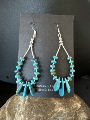 Navajo Blue Cluster Turquoise Bead Earrings | 6mm | Sterling Silver | 2" | Authentic Native American Handmade | 15845