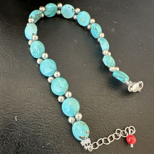 Women's Blue Turquoise Bead Bracelet | Southwestern Sterling Silver Link | 8" | 17233
