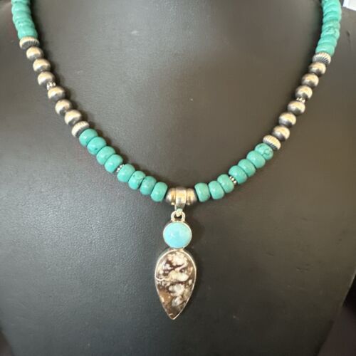 Navajo Wild Horse | Blue Kingman Turquoise Pendant Necklace | Sterling Silver | Authentic Native American Handmade | 17574