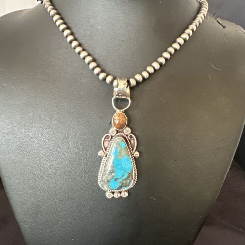 Navajo Blue Kingman Turquoise Wild Horse Pendant Necklace | Sterling Silver | Authentic Native American Handmade | 17222