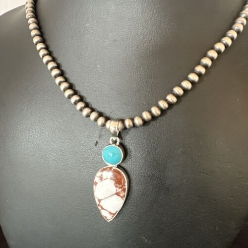 Navajo Wild Horse Blue Kingman Turquoise Necklace | Sterling Silver | Authentic Native American Handmade | 17318