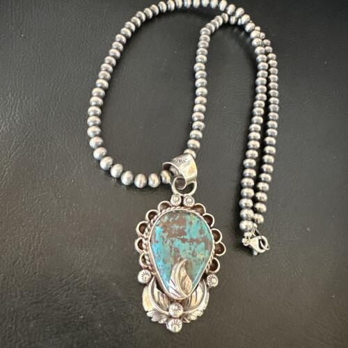 Navajo Blue Turquoise Pendant Necklace | Sterling Silver Pearls | Authentic Native American Handmade | 15644