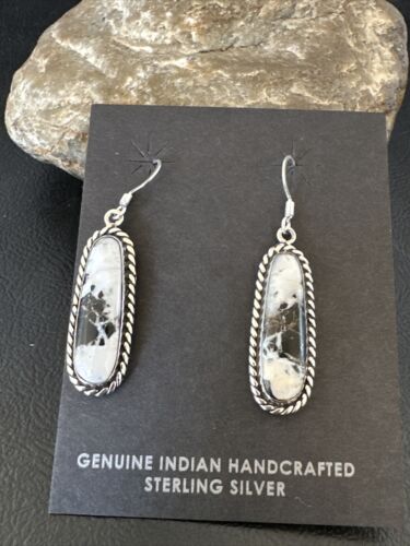 Navajo White Buffalo Turquoise Dangle Earrings | Sterling Silver | Authentic Native American Handmade | 16515