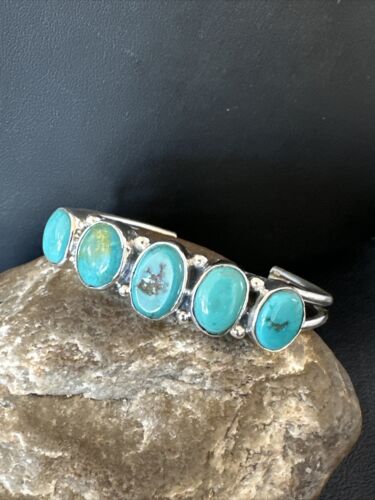 Women's Blue Turquoise 5-Stone Cuff Bracelet | Navajo Sterling Silver | Authentic Native American Jewelry | 16278