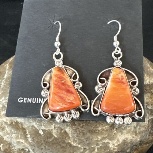Navajo Orange Spiny Oyster Dangle Earrings | Sterling Silver | Authentic Native American Handmade | 17269