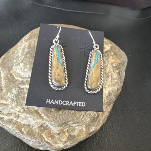 Navajo Blue Boulder Turquoise Dangle Earrings | Sterling Silver | Authentic Native American Handmade | 16498
