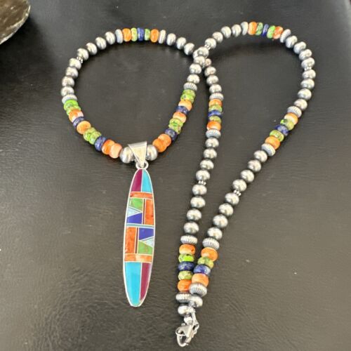 Navajo Lapis Spiny Oyster Turquoise Inlay Pendant Necklace | Sterling Silver | 21" | Authentic Native American Handmade | 16626