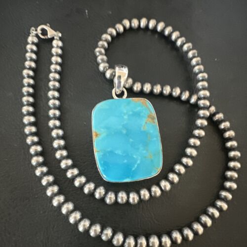Navajo Blue Kingman Turquoise Pendant Necklace | Sterling Silver Pearls | 20" | 16699