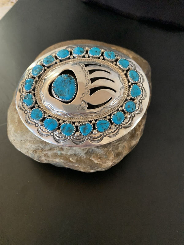 Bearpaw Navajo Blue Kingman Turquoise Concho Belt Buckle | Sterling Silver | Authentic Native American Handmade | 2082