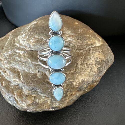 Navajo Blue Larimar Cluster Ring | Authentic Native American Sterling Silver | Multi-Stone | Sz 9.5 | 15938