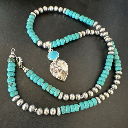 Navajo Wild Horse Blue Kingman Turquoise Necklace | Sterling Silver | Authentic Native American Handmade | 17525