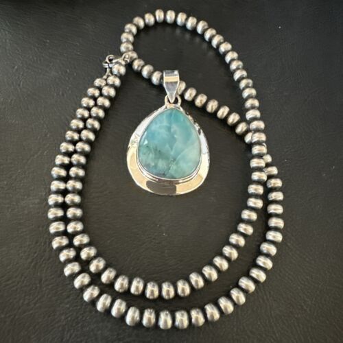 Navajo Blue Larimar Pendant Necklace | Sterling Silver Beads | Authentic Native American Handmade | 17563