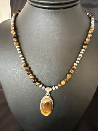 Navajo Coffee Tiger's Eye Pendant Necklace | Sterling Silver | 26" | Authentic Native American Handmade | 14886