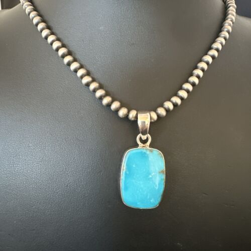 Navajo Blue Kingman Turquoise Pendant Necklace | Sterling Silver | 20" | Authentic Native American Handmade | 16998